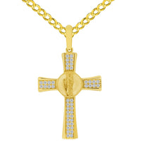Load image into Gallery viewer, 14k Yellow Gold Cubic Zirconia Saint Jude Cross Pendant with Rolo Cable, Cuban Curb, or Figaro Chain Necklace
