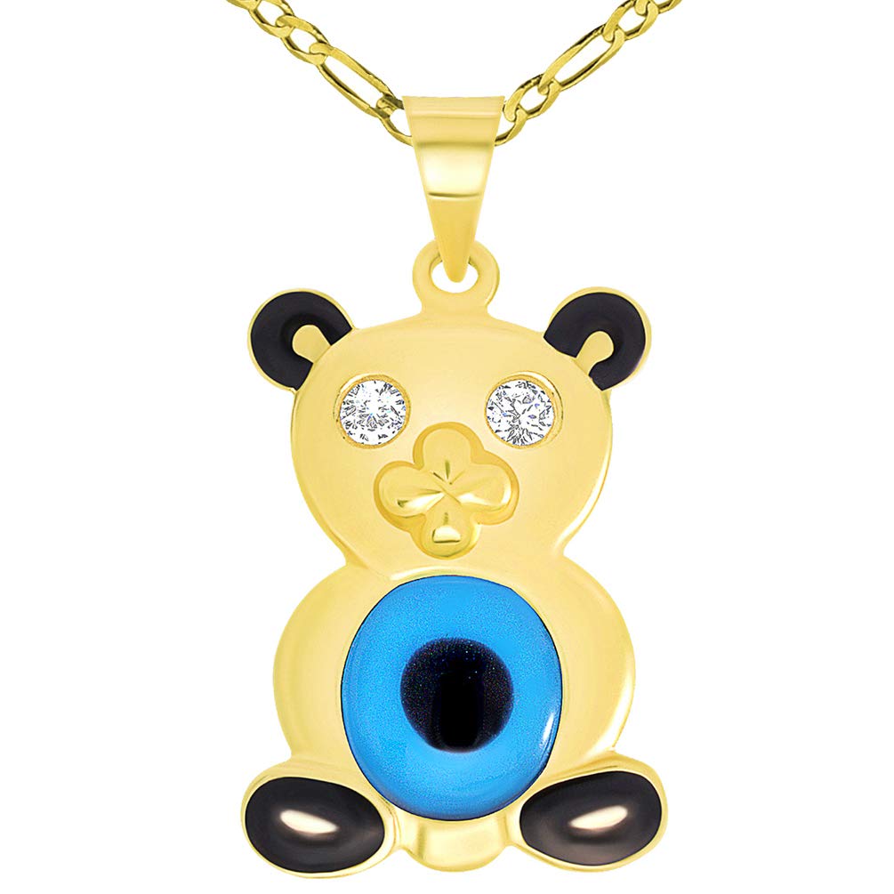 14k Yellow Gold Cubic Zirconia Teddy Bear with Blue Evil Eye Pendant Figaro Chain Necklace