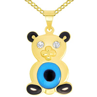 Load image into Gallery viewer, 14k Yellow Gold Cubic Zirconia Teddy Bear with Blue Evil Eye Pendant Curb Chain Necklace
