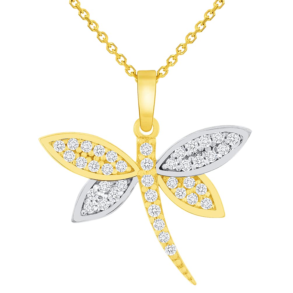 14k Yellow Gold Cubic Zirconia Two-Tone Dragonfly Pendant with Rolo Cable, Cuban Curb, or Figaro Chain Necklaces