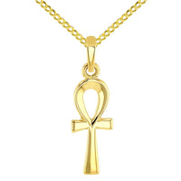 Load image into Gallery viewer, Solid 14k Yellow Gold Dainty Egyptian Ankh Cross Charm Pendant with Cuban Chain Necklace
