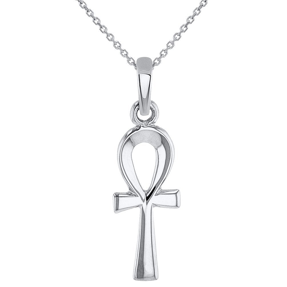Solid 14k White Gold Dainty Egyptian Ankh Cross Charm Pendant with Chain Necklace