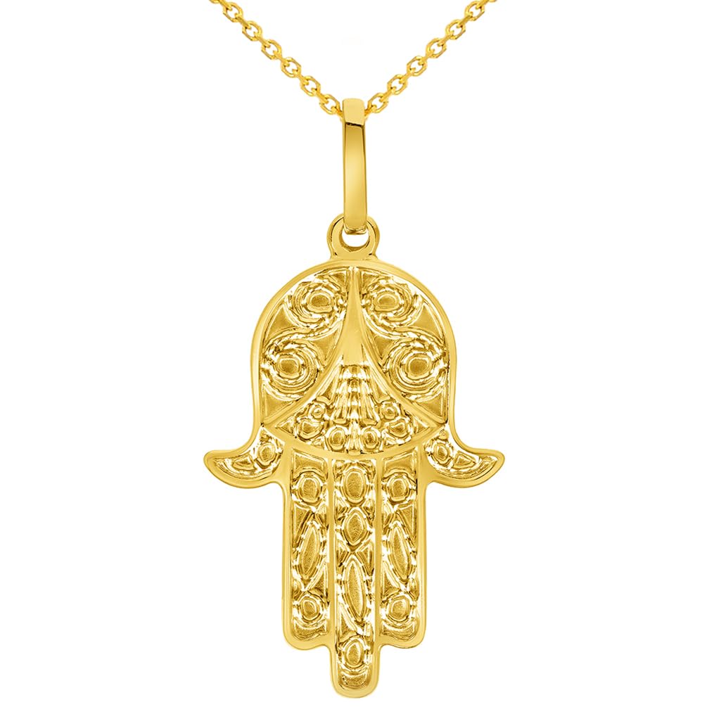 Solid 14k Yellow Gold Dainty Filigree Hamsa Hand of Fatima Pendant with Cable, Cuban Curb, or Figaro Chain Necklaces