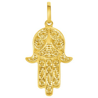 Load image into Gallery viewer, Solid 14k Yellow Gold Dainty Filigree Hamsa Hand of Fatima Pendant with Cable, Cuban Curb, or Figaro Chain Necklaces

