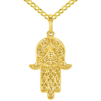 Load image into Gallery viewer, Solid 14k Yellow Gold Dainty Filigree Hamsa Hand of Fatima Pendant with Cable, Cuban Curb, or Figaro Chain Necklaces
