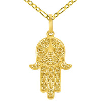 Load image into Gallery viewer, Solid 14k Yellow Gold Dainty Filigree Hamsa Hand of Fatima Pendant with Cable, Cuban Curb, or Figaro Chain Necklaces
