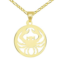 Load image into Gallery viewer, Solid 14k Yellow Gold Dainty Round Cancer Zodiac Sign Crab Disc Pendant with Figaro Chain Necklace
