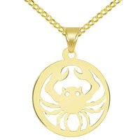 Load image into Gallery viewer, Solid 14k Yellow Gold Dainty Round Cancer Zodiac Sign Crab Disc Pendant with Cuban Chain Necklace
