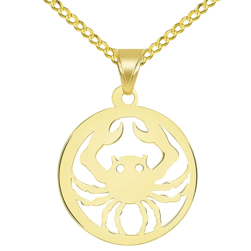 Solid 14k Yellow Gold Dainty Round Cancer Zodiac Sign Crab Disc Pendant with Cuban Chain Necklace