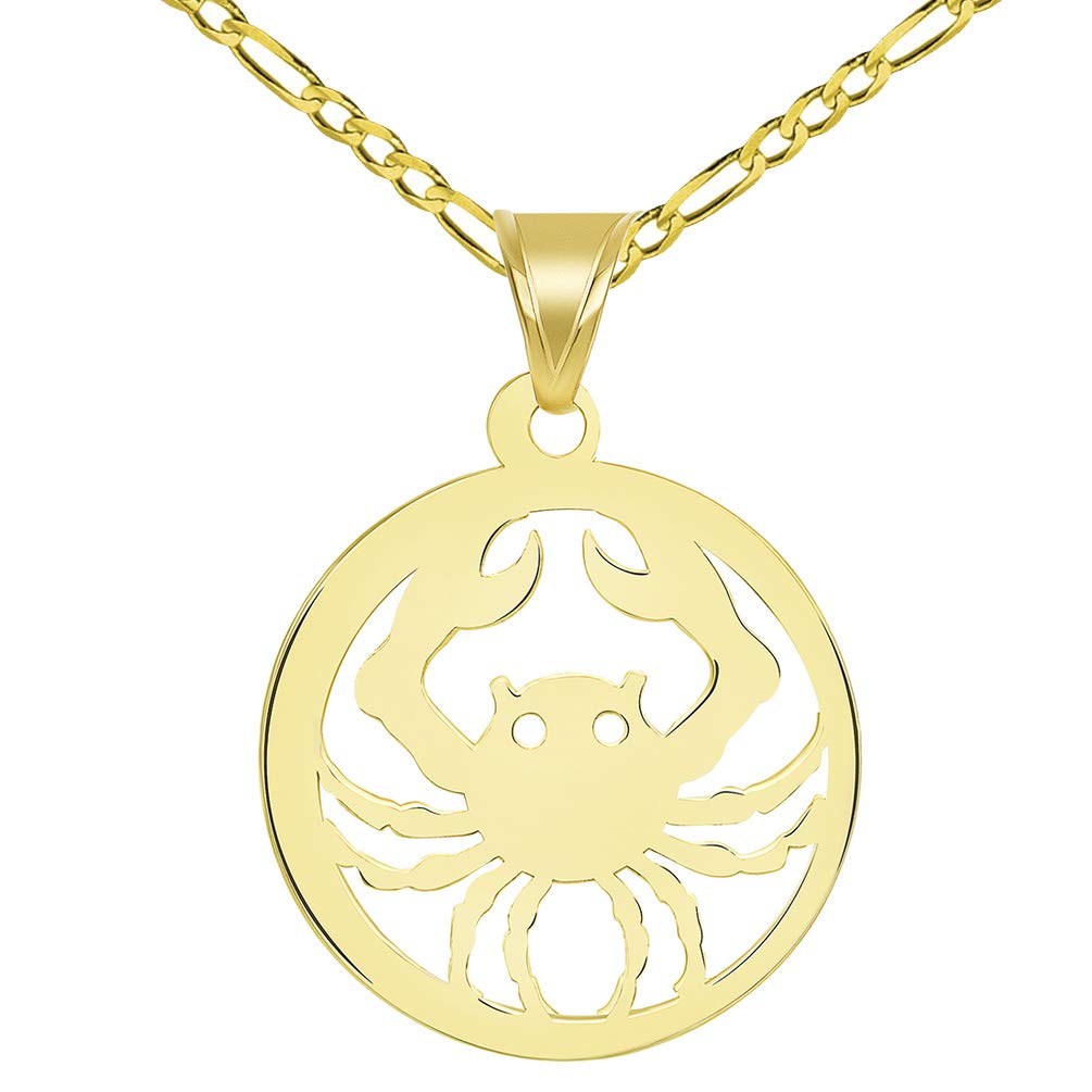 Solid 14k Yellow Gold Dainty Round Cancer Zodiac Sign Crab Disc Pendant with Figaro Chain Necklace