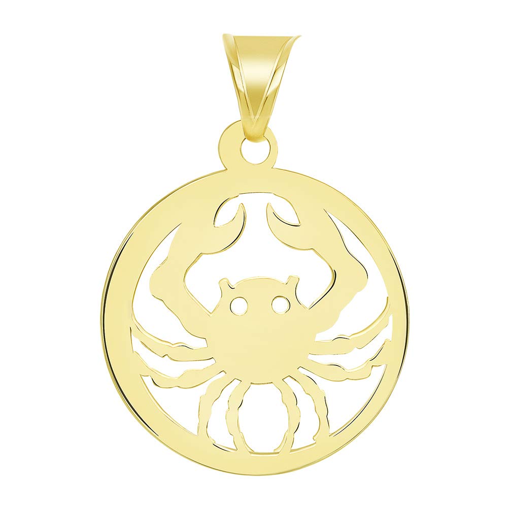 Solid 14k Yellow Gold Dainty Round Cancer Zodiac Sign Crab Disc Pendant