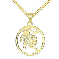 Load image into Gallery viewer, Solid 14k Yellow Gold Dainty Round Leo Zodiac Symbol Cut-Out Lion Pendant with Figaro Chain Necklace
