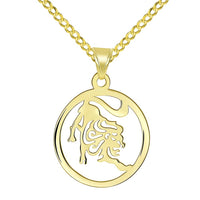 Load image into Gallery viewer, Solid 14k Yellow Gold Dainty Round Leo Zodiac Symbol Cut-Out Lion Pendant with Cuban Chain Necklace
