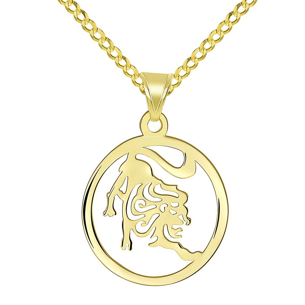 Solid 14k Yellow Gold Dainty Round Leo Zodiac Symbol Cut-Out Lion Pendant with Cuban Chain Necklace