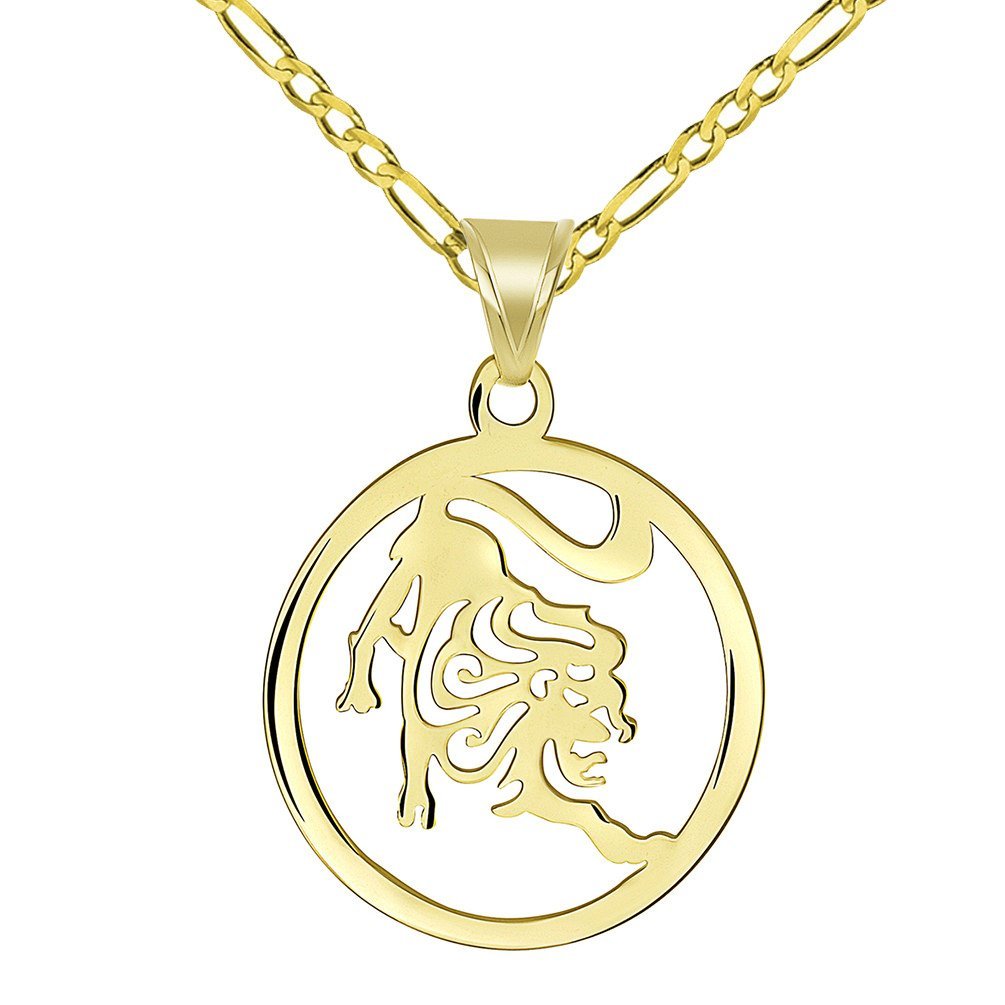 Solid 14k Yellow Gold Dainty Round Leo Zodiac Symbol Cut-Out Lion Pendant with Figaro Chain Necklace