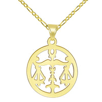 Load image into Gallery viewer, 14k Yellow Gold Dainty Round Libra Zodiac Sign Scale Disc Pendant with Figaro Chain Necklace
