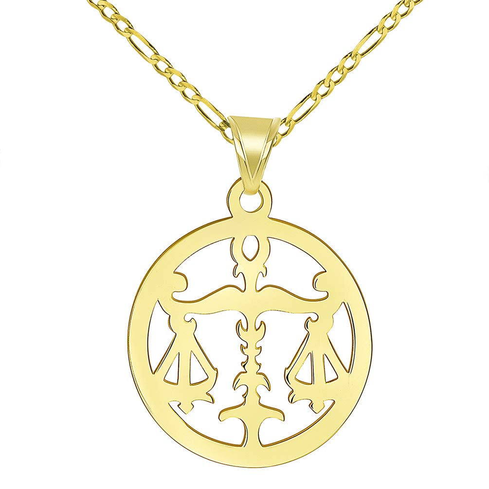 14k Yellow Gold Dainty Round Libra Zodiac Sign Scale Disc Pendant with Figaro Chain Necklace