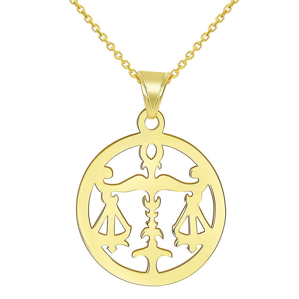14k Yellow Gold Dainty Round Libra Zodiac Sign Scale Disc Pendant Necklace