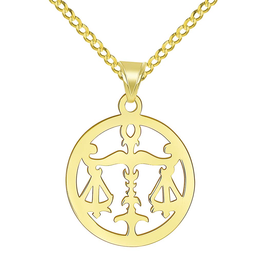 14k Yellow Gold Dainty Round Libra Zodiac Sign Scale Disc Pendant with Cuban Chain Necklace