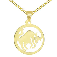 Load image into Gallery viewer, Solid 14k Yellow Gold Dainty Round Taurus Zodiac Sign Bull Disc Pendant with Figaro Chain Necklace
