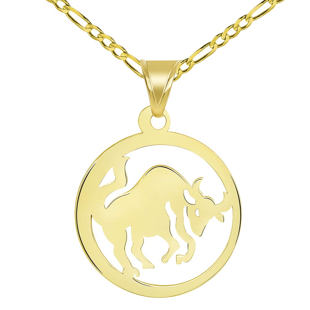 Solid 14k Yellow Gold Dainty Round Taurus Zodiac Sign Bull Disc Pendant with Figaro Chain Necklace