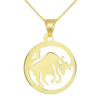 Load image into Gallery viewer, Solid 14k Yellow Gold Dainty Round Taurus Zodiac Sign Bull Disc Pendant Necklace
