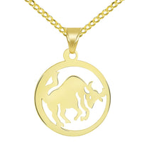 Load image into Gallery viewer, Solid 14k Yellow Gold Dainty Round Taurus Zodiac Sign Bull Disc Pendant with Cuban Chain Necklace
