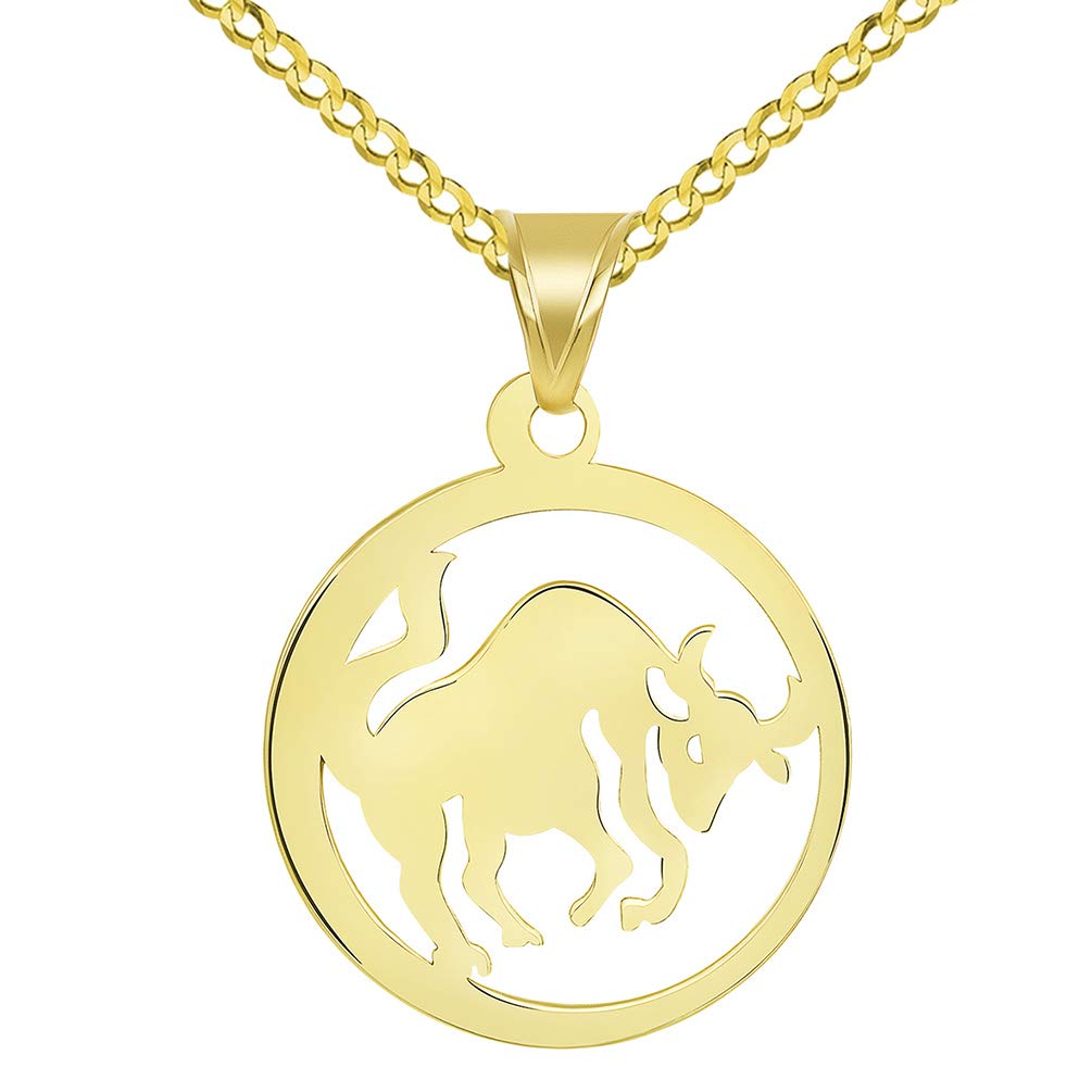 Solid 14k Yellow Gold Dainty Round Taurus Zodiac Sign Bull Disc Pendant with Cuban Chain Necklace
