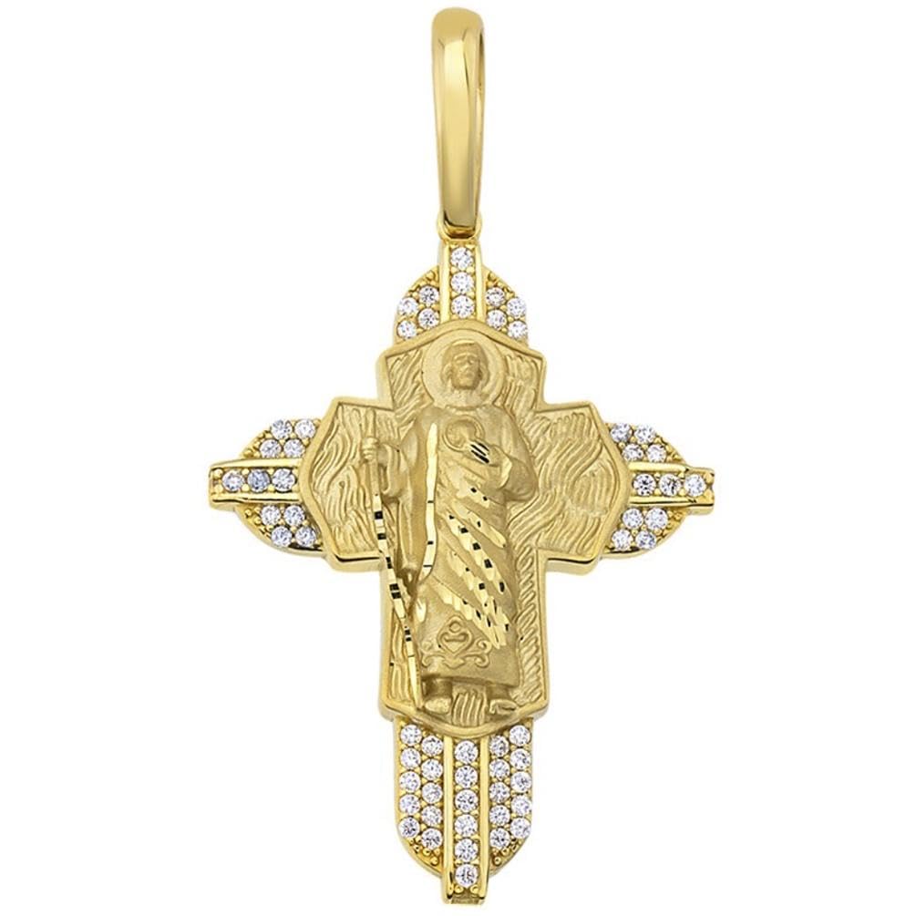 14k Yellow Gold Detailed Saint Jude Cross Pendant with Cubic Zirconia Stones