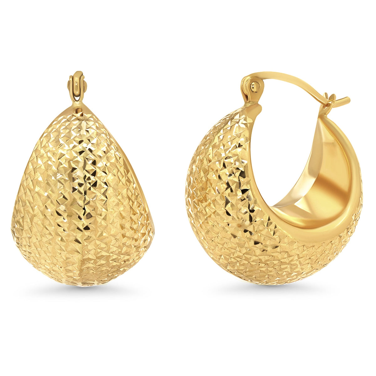 14k Yellow Gold Textured Bold Dome Hoop Earrings with Latch Back - Diamond-Cut