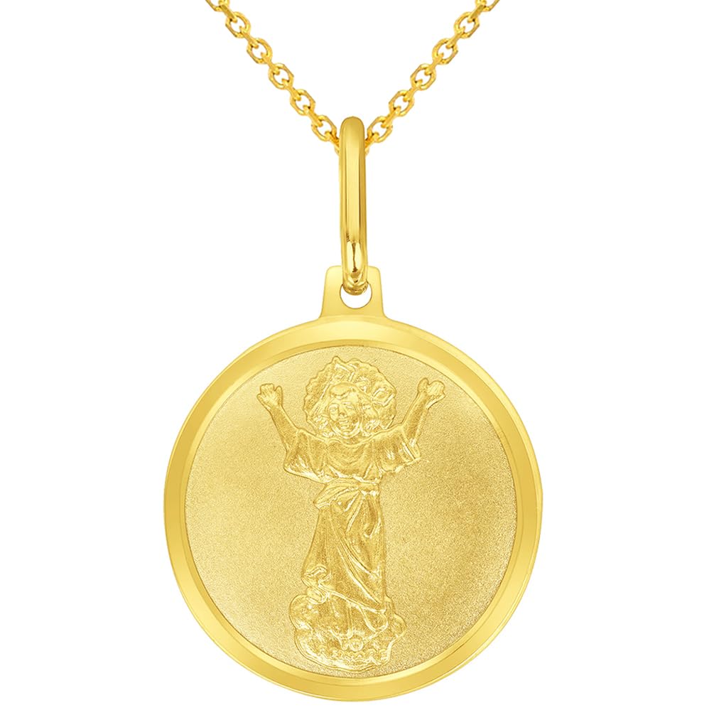 Solid 14k Yellow Gold Divino NiÃ±o Divine Jesus Round Medal Pendant with Cable, Cuban Curb, or Figaro Chain Necklaces