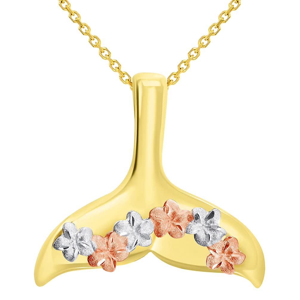 14k Yellow and Rose Gold Tri-Tone Dolphin Tail Fin Hawaiian Plumeria Flowers Pendant With Cable, Curb or Figaro Chain Necklace