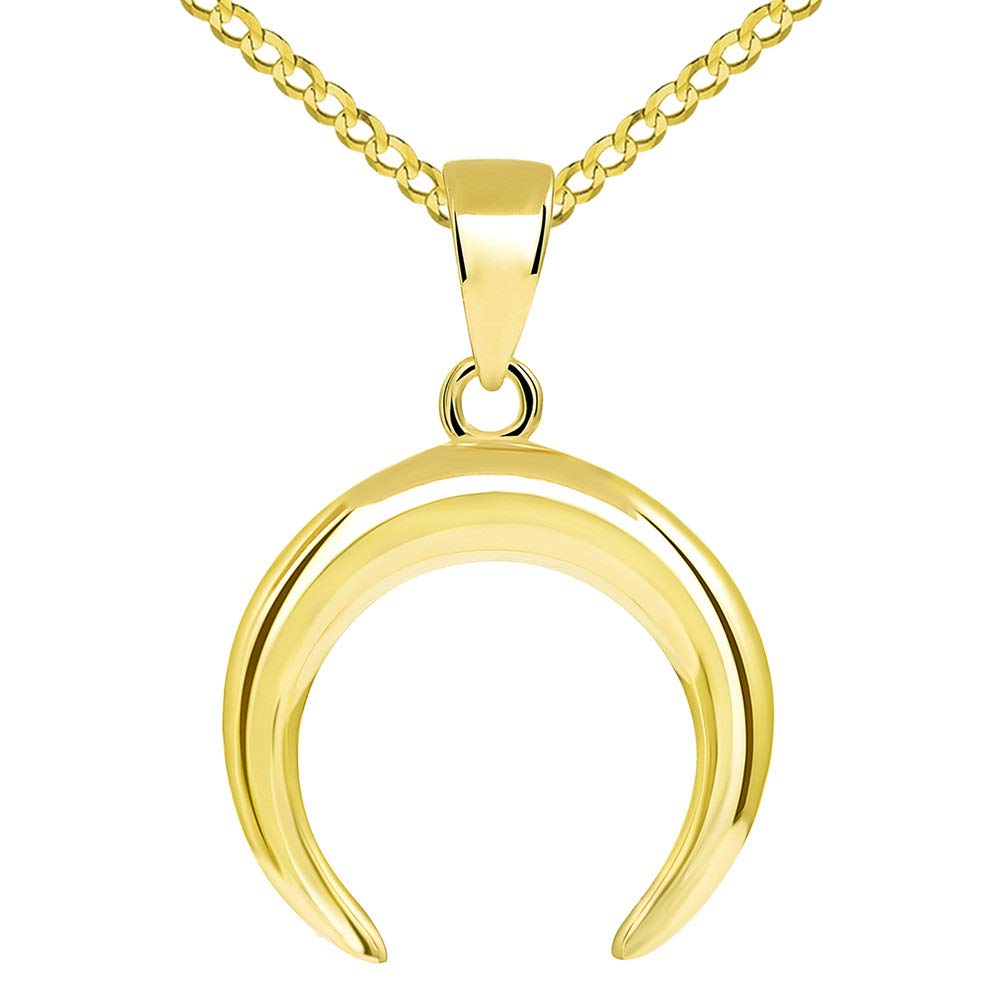 14k Gold Double Horn High Polished Crescent Moon Pendant with Cuban Chain Necklace - Yellow Gold
