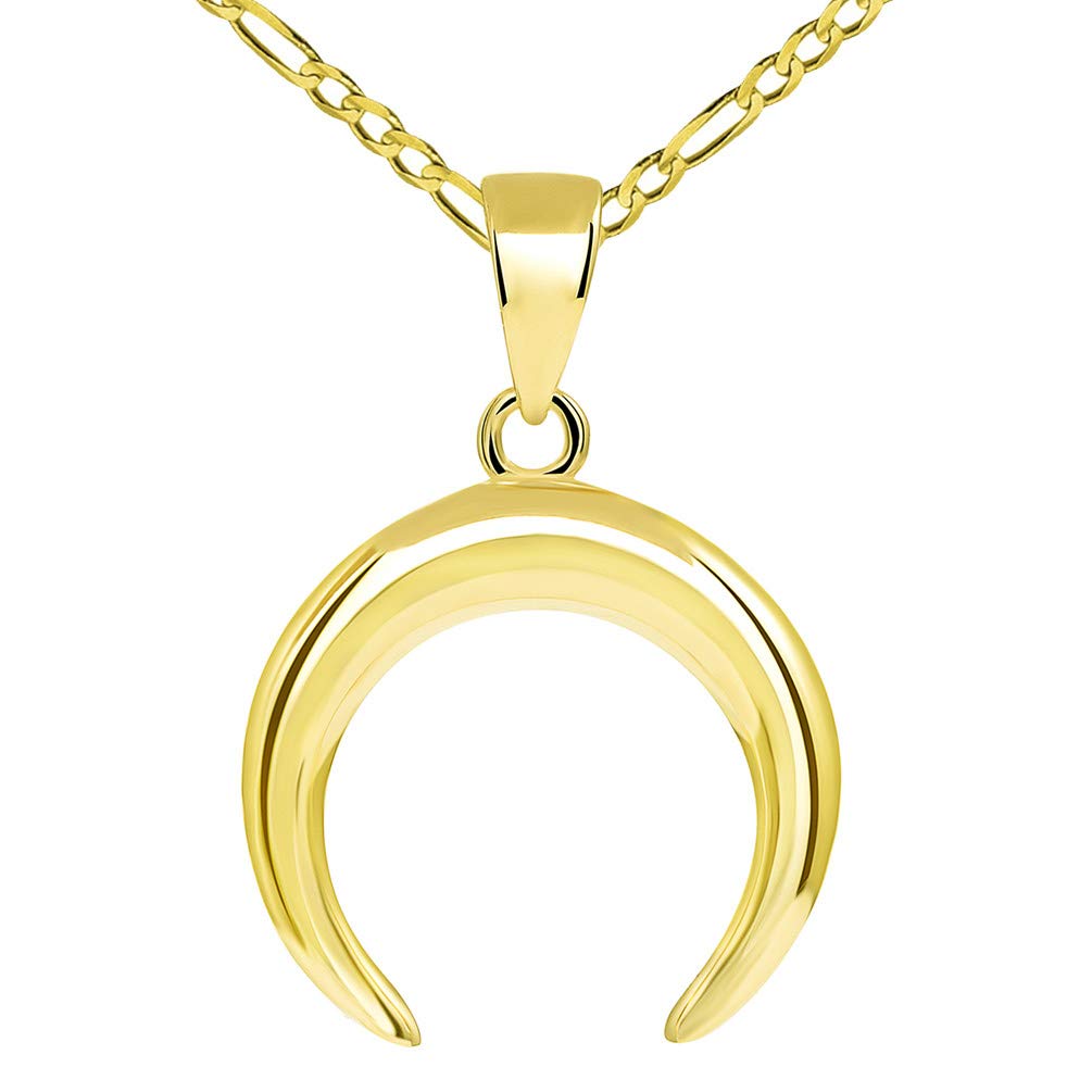 14k Gold Double Horn High Polished Crescent Moon Pendant with Figaro Chain Necklace - Yellow Gold