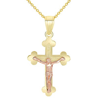 Load image into Gallery viewer, 14k Yellow Gold and Rose Gold Eastern Orthodox Cross Crucifix Charm Pendant Necklace
