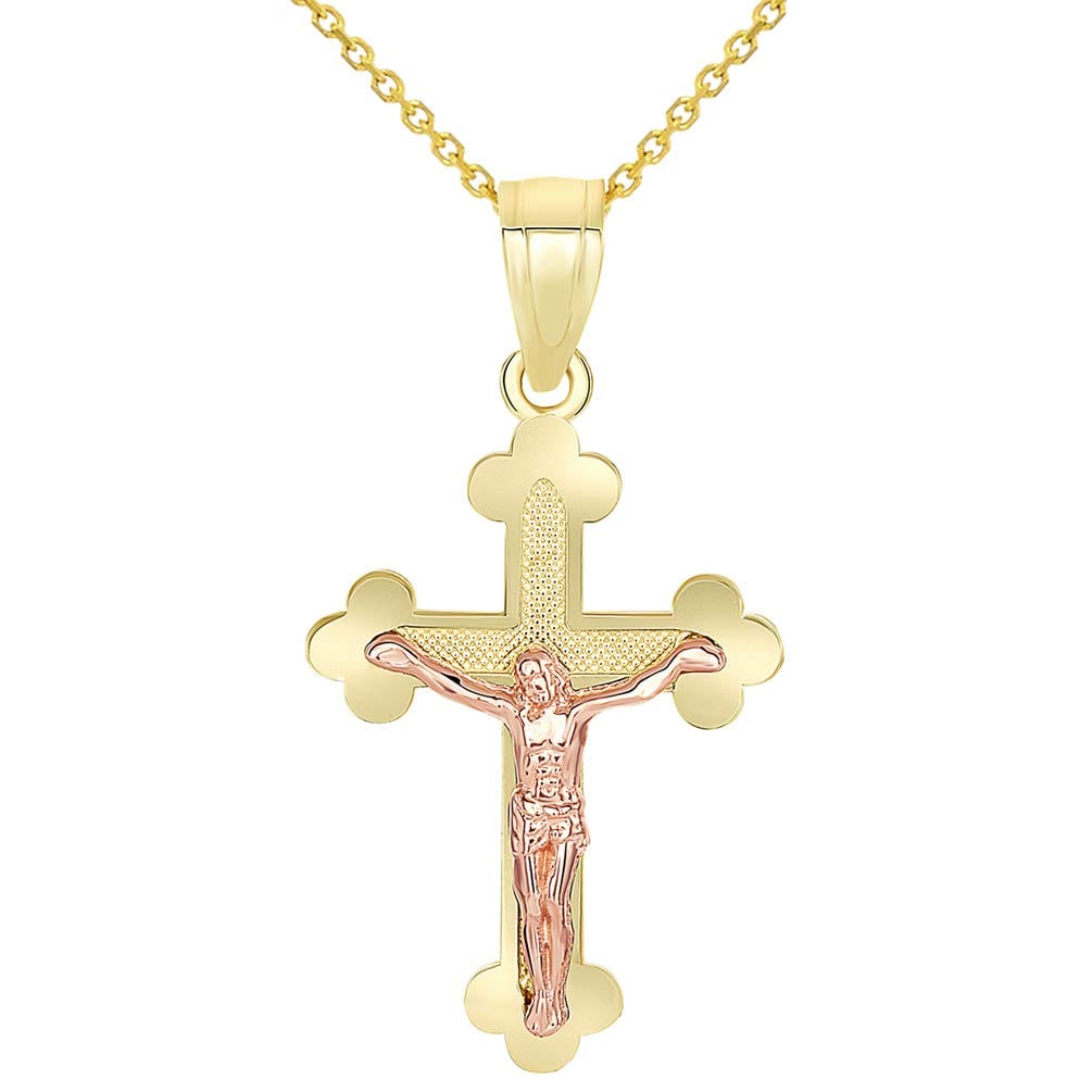 14k Yellow Gold and Rose Gold Eastern Orthodox Cross Crucifix Charm Pendant Necklace