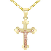 Load image into Gallery viewer, 14k Yellow Gold and Rose Gold Eastern Orthodox Cross Crucifix Charm Pendant Curb Chain Necklace
