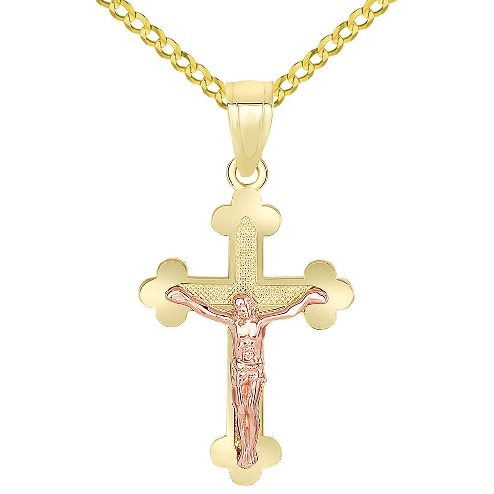 14k Yellow Gold and Rose Gold Eastern Orthodox Cross Crucifix Charm Pendant Curb Chain Necklace
