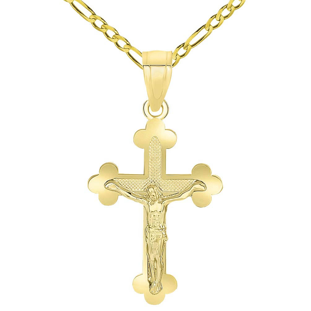 14k Yellow Gold Eastern Orthodox Cross Crucifix Charm Pendant with Figaro Necklace