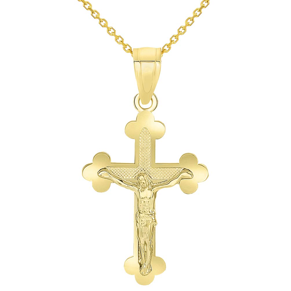 14k Yellow Gold Eastern Orthodox Cross Crucifix Charm Pendant with Cable Rolo Necklace