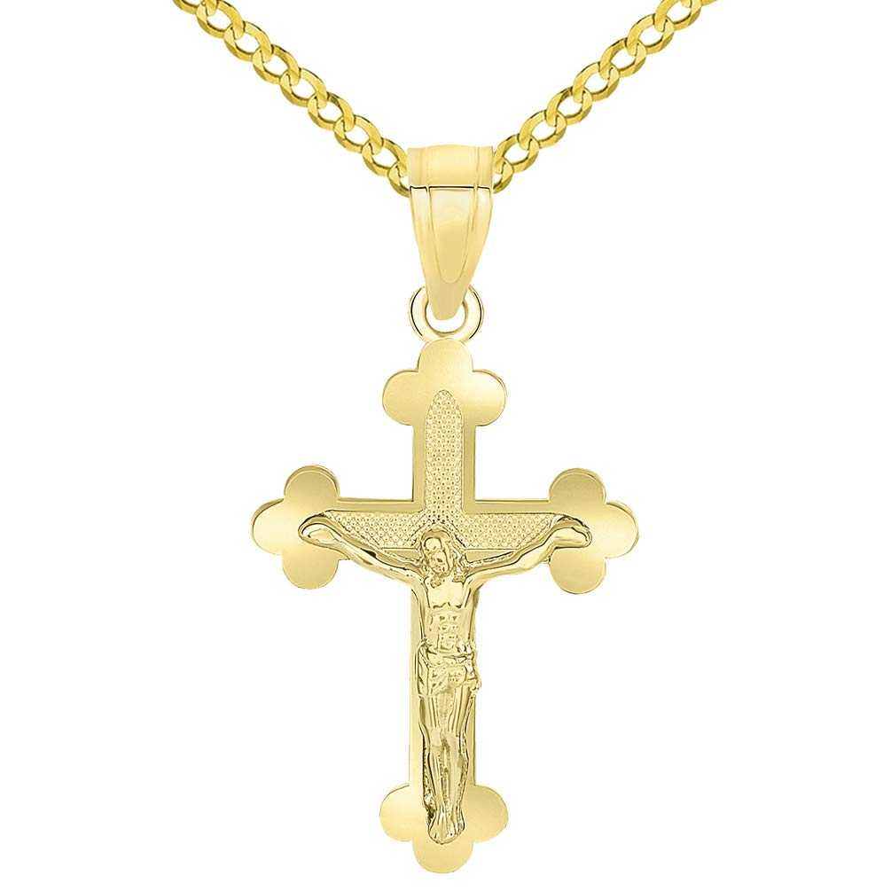 14k Yellow Gold Eastern Orthodox Cross Crucifix Charm Pendant with Cuban Necklace