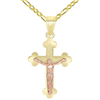 Load image into Gallery viewer, 14k Yellow Gold and Rose Gold Eastern Orthodox Cross Crucifix Charm Pendant Figaro Chain Necklace
