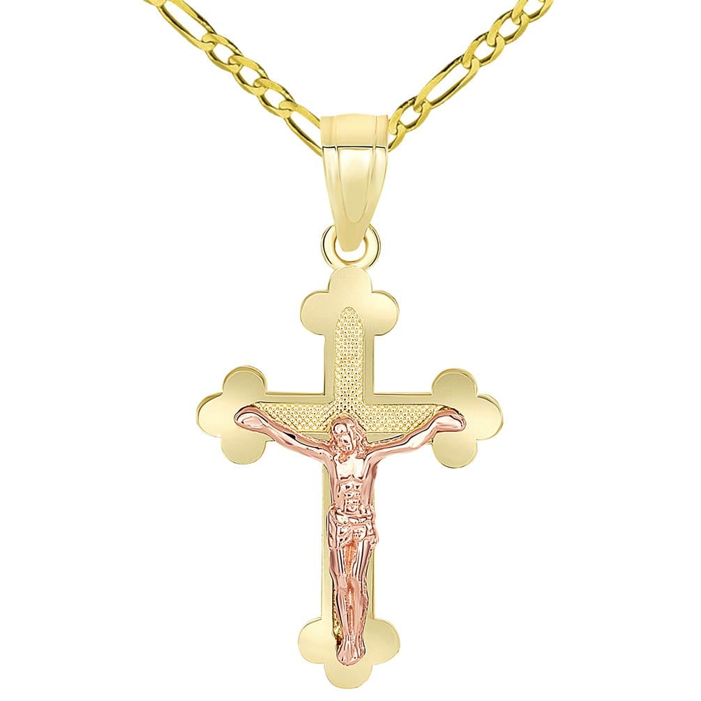 14k Yellow Gold and Rose Gold Eastern Orthodox Cross Crucifix Charm Pendant Figaro Chain Necklace