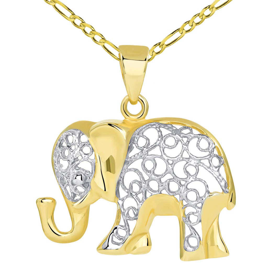 14k Gold Elegant Filigree Two Tone Elephant Pendant with Figaro Chain Necklace - Yellow Gold