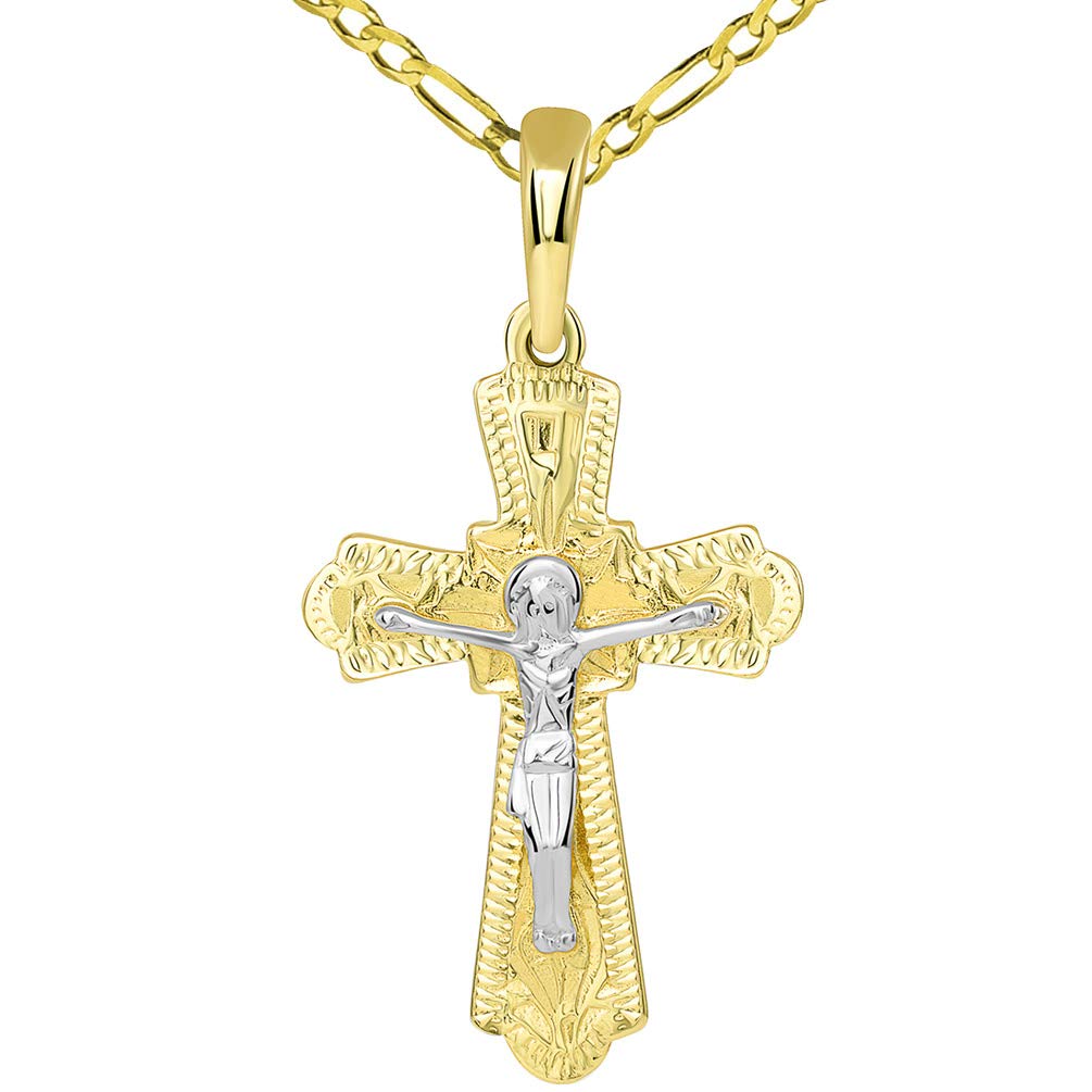 14k Two Tone Gold Elegant Orthodox Bless and Save Cross Crucifix Pendant with Figaro Necklace