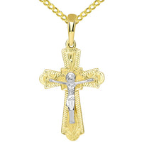 Load image into Gallery viewer, 14k Two Tone Gold Elegant Orthodox Bless and Save Cross Crucifix Pendant with Cuban Necklace
