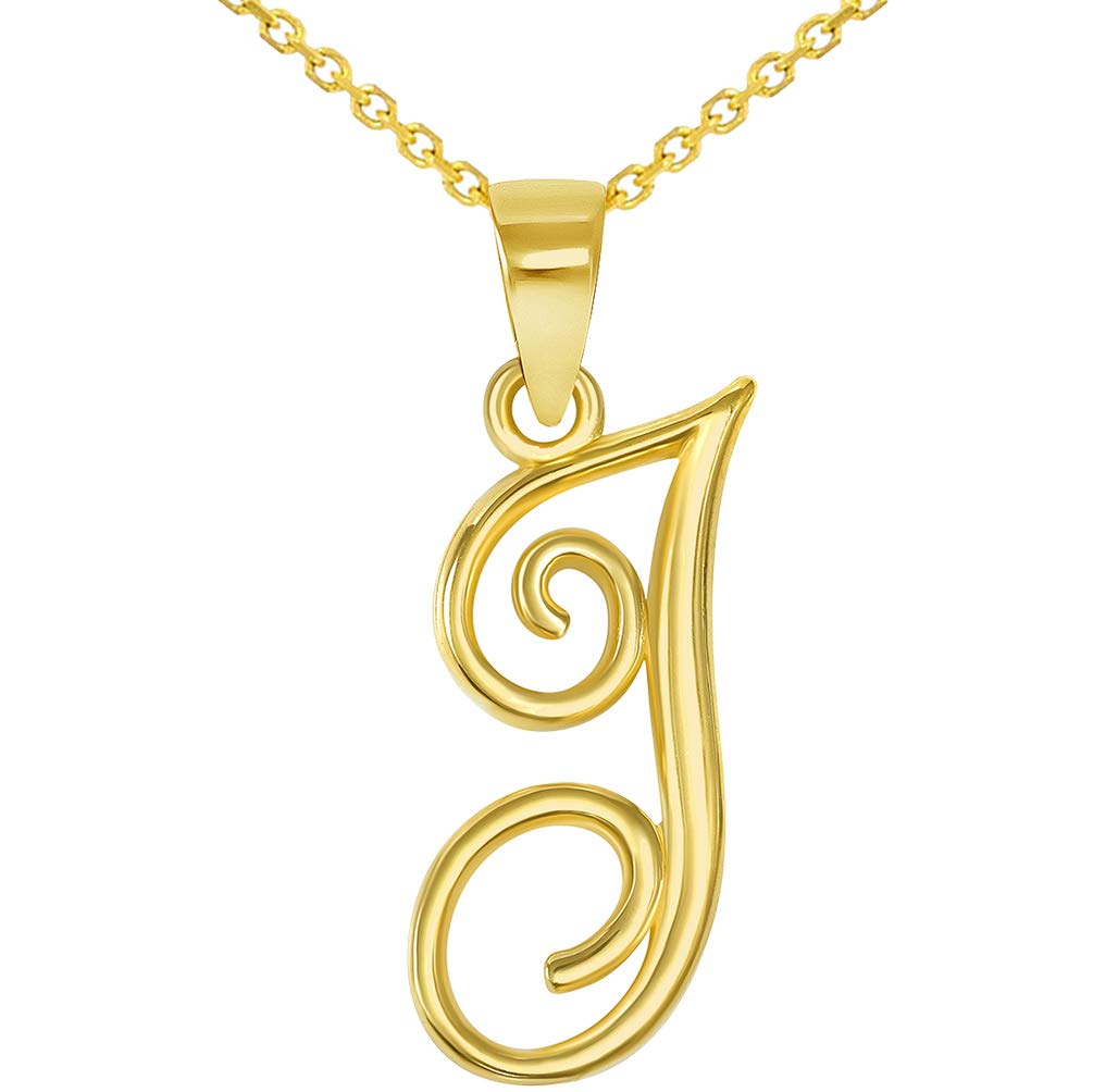 14k Yellow Gold Elegant Script Letter J Cursive Initial Pendant Necklace