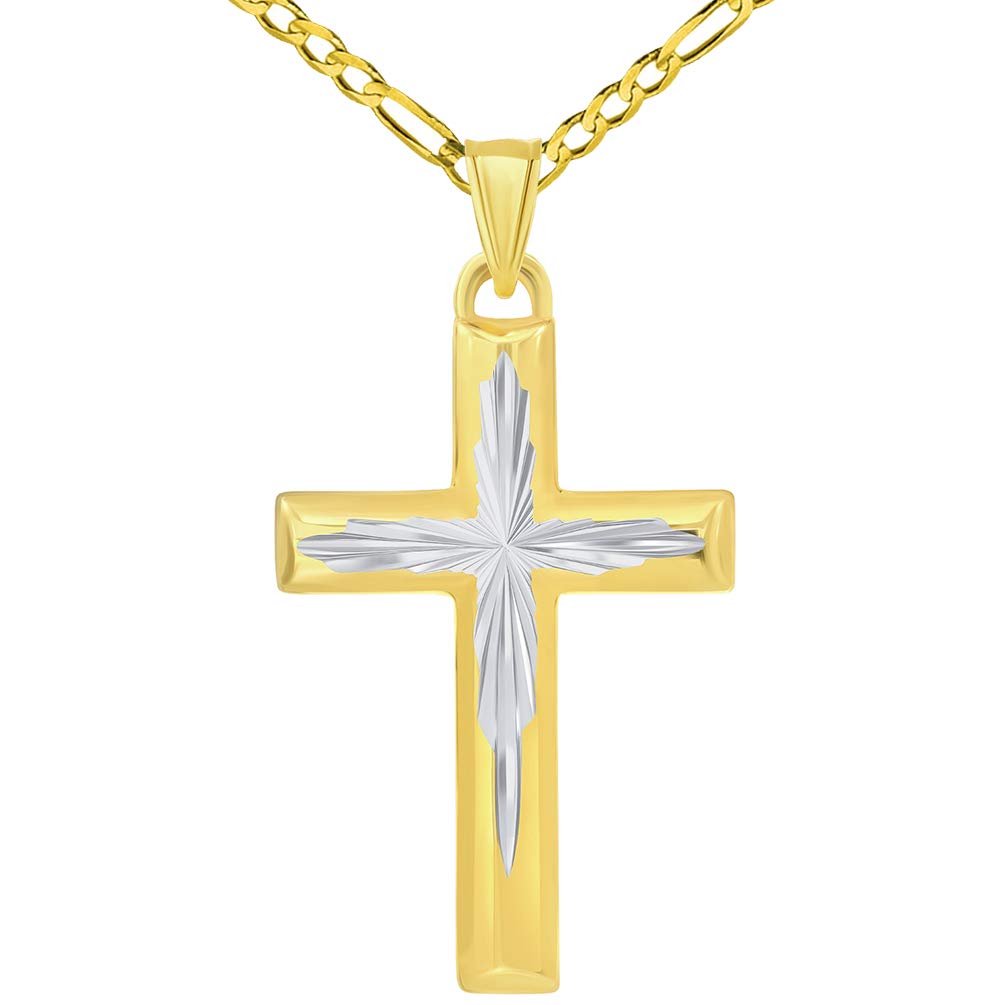 14k Yellow Gold Elegant Textured Two-Tone Religious Cross Pendant with Figaro Chain Necklace