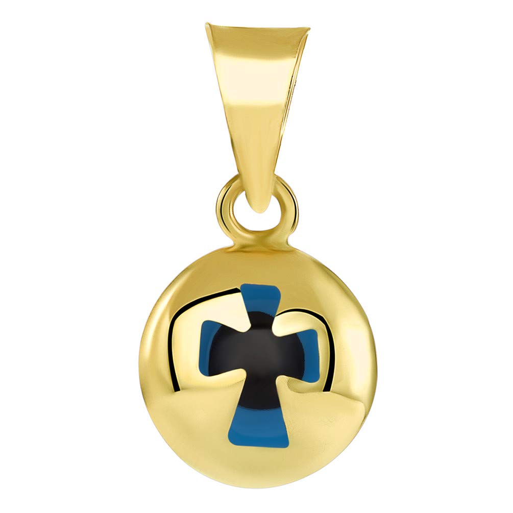 14k Yellow Gold Extra Small Blue Evil Eye Religious Cross Pendant (15mm x 8.8mm)