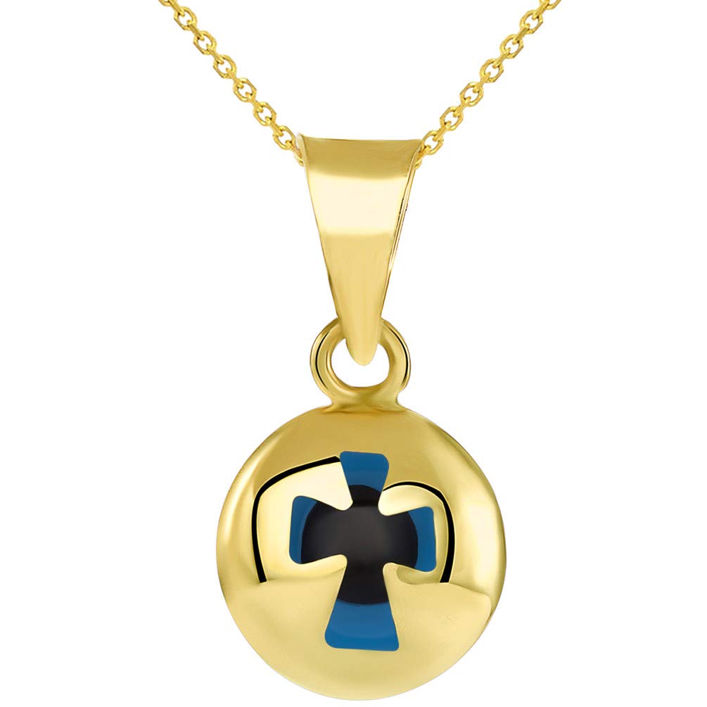 14k Yellow Gold Extra Small Blue Evil Eye Religious Cross Pendant Necklace
